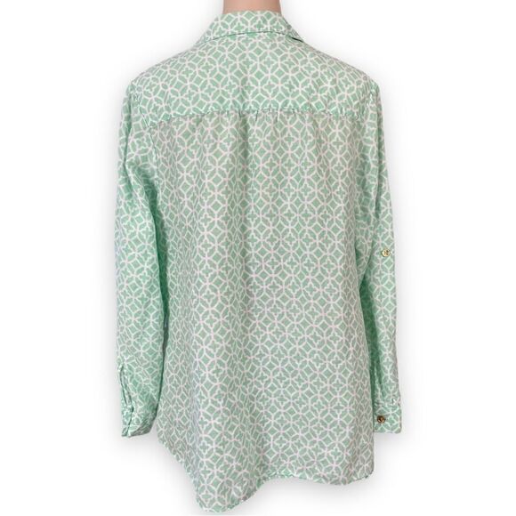 Charter Club Woman Linen Pattern Long Sleeve Button Tab Semi Sheer Blouse - Picture 5 of 15